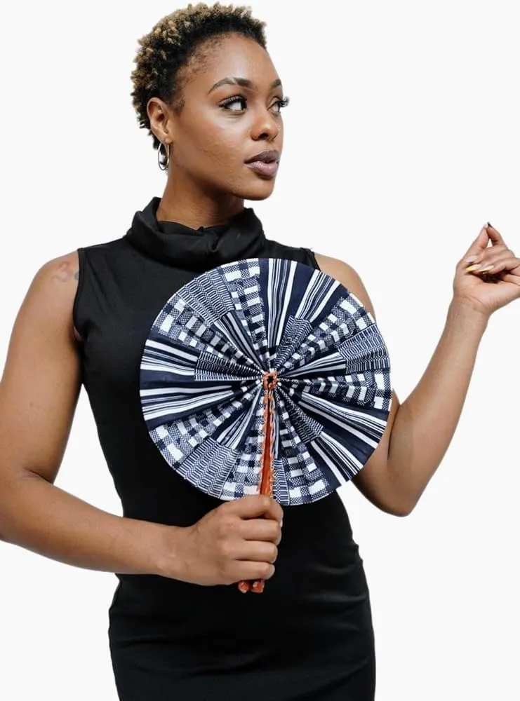 Dupsie's Koumadi Foldable Black and White African Print Ankara Kente Fan DPPFB0795