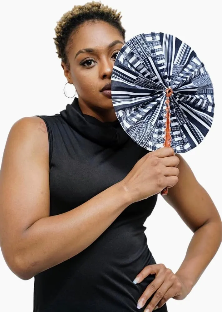 Dupsie's Koumadi Foldable Black and White African Print Ankara Kente Fan DPPFB0795