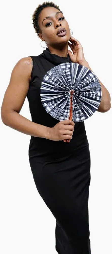 Dupsie's Koumadi Foldable Black and White African Print Ankara Kente Fan DPPFB0795