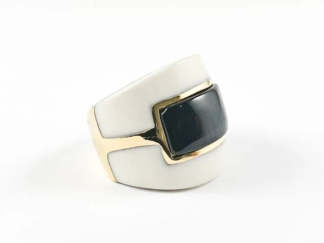 Elegant Black & White Enamel Dome Shaped Gold Plated Steel Ring