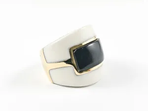 Elegant Black & White Enamel Dome Shaped Gold Plated Steel Ring