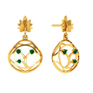 Elegant Green Stone Studded Teardrop Shaped 14k Gold Earrings