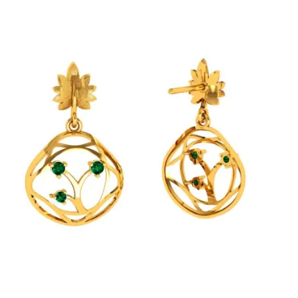 Elegant Green Stone Studded Teardrop Shaped 14k Gold Earrings