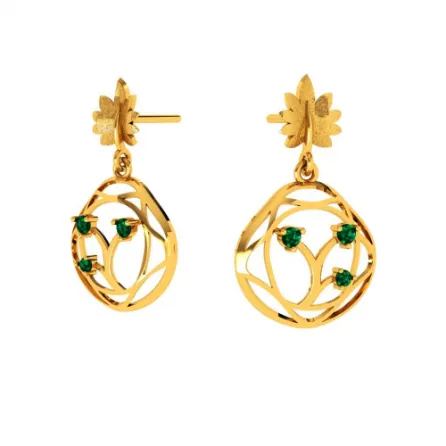 Elegant Green Stone Studded Teardrop Shaped 14k Gold Earrings