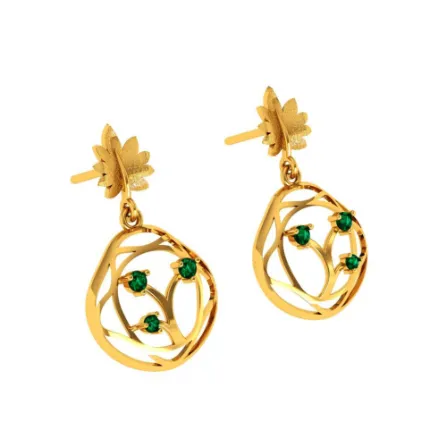 Elegant Green Stone Studded Teardrop Shaped 14k Gold Earrings