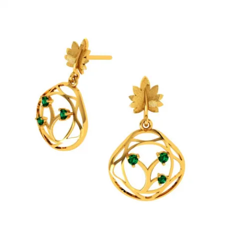 Elegant Green Stone Studded Teardrop Shaped 14k Gold Earrings