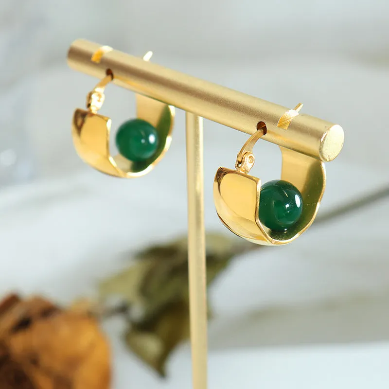 Elegant Green U-Shaped Earrings - Titanium Steel with 18K Gold Plating