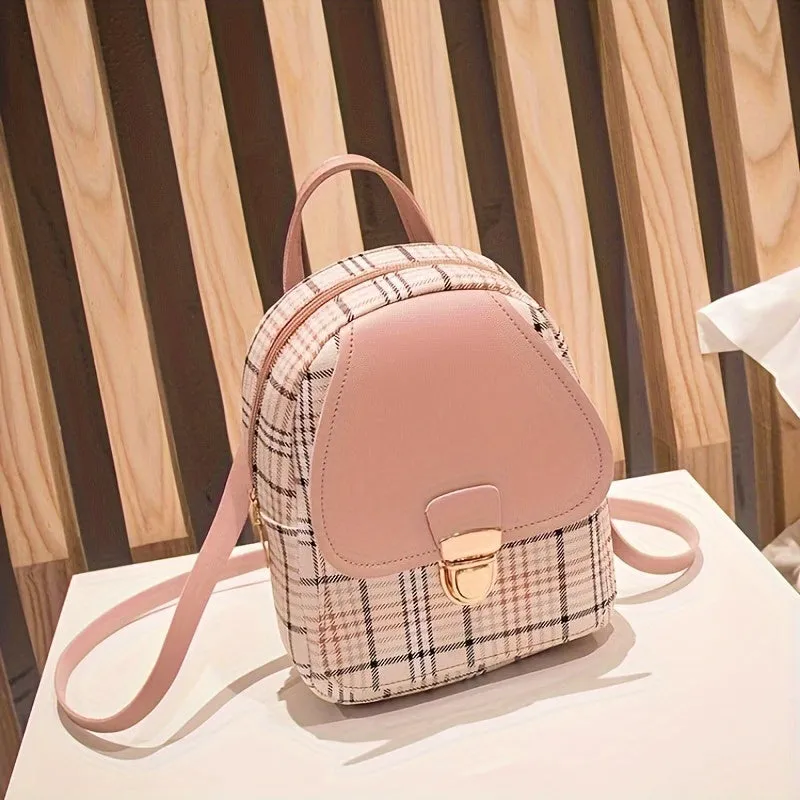 Fashionable Plaid Backpack for Women - Stylish SmallAdjustable Straps, Secure Zipper Compartment, Multipurpose Shoulder Bag for Phone, Camera, Lipstick & Keys