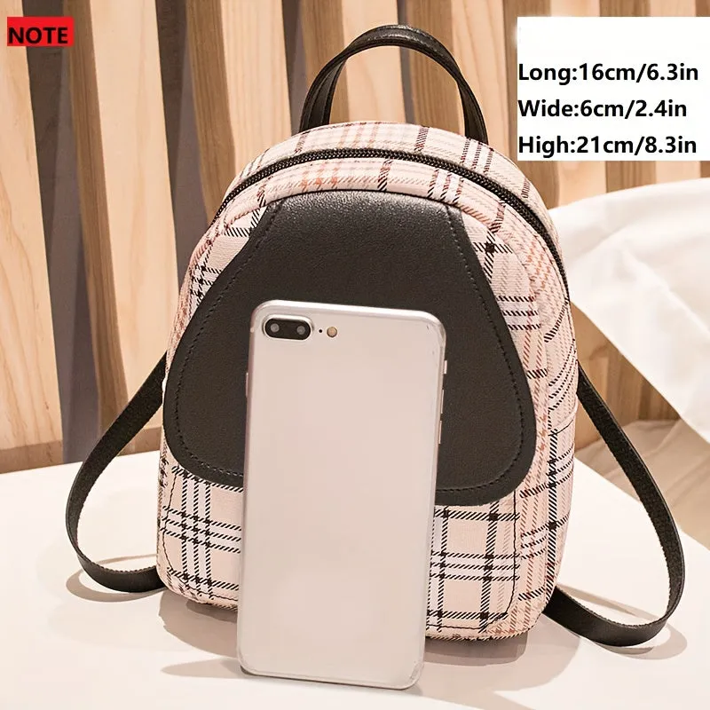 Fashionable Plaid Backpack for Women - Stylish SmallAdjustable Straps, Secure Zipper Compartment, Multipurpose Shoulder Bag for Phone, Camera, Lipstick & Keys