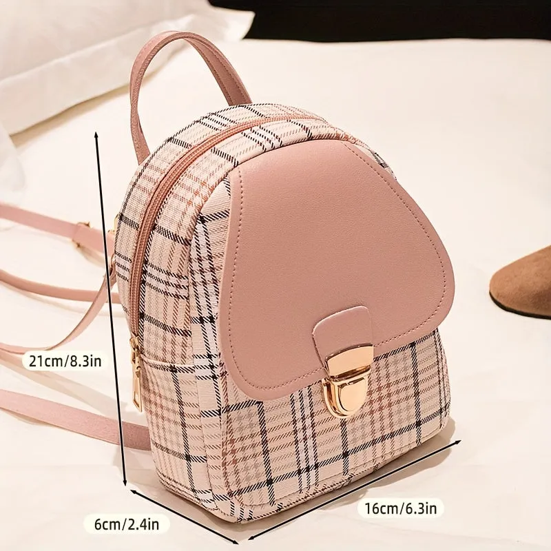 Fashionable Plaid Backpack for Women - Stylish SmallAdjustable Straps, Secure Zipper Compartment, Multipurpose Shoulder Bag for Phone, Camera, Lipstick & Keys