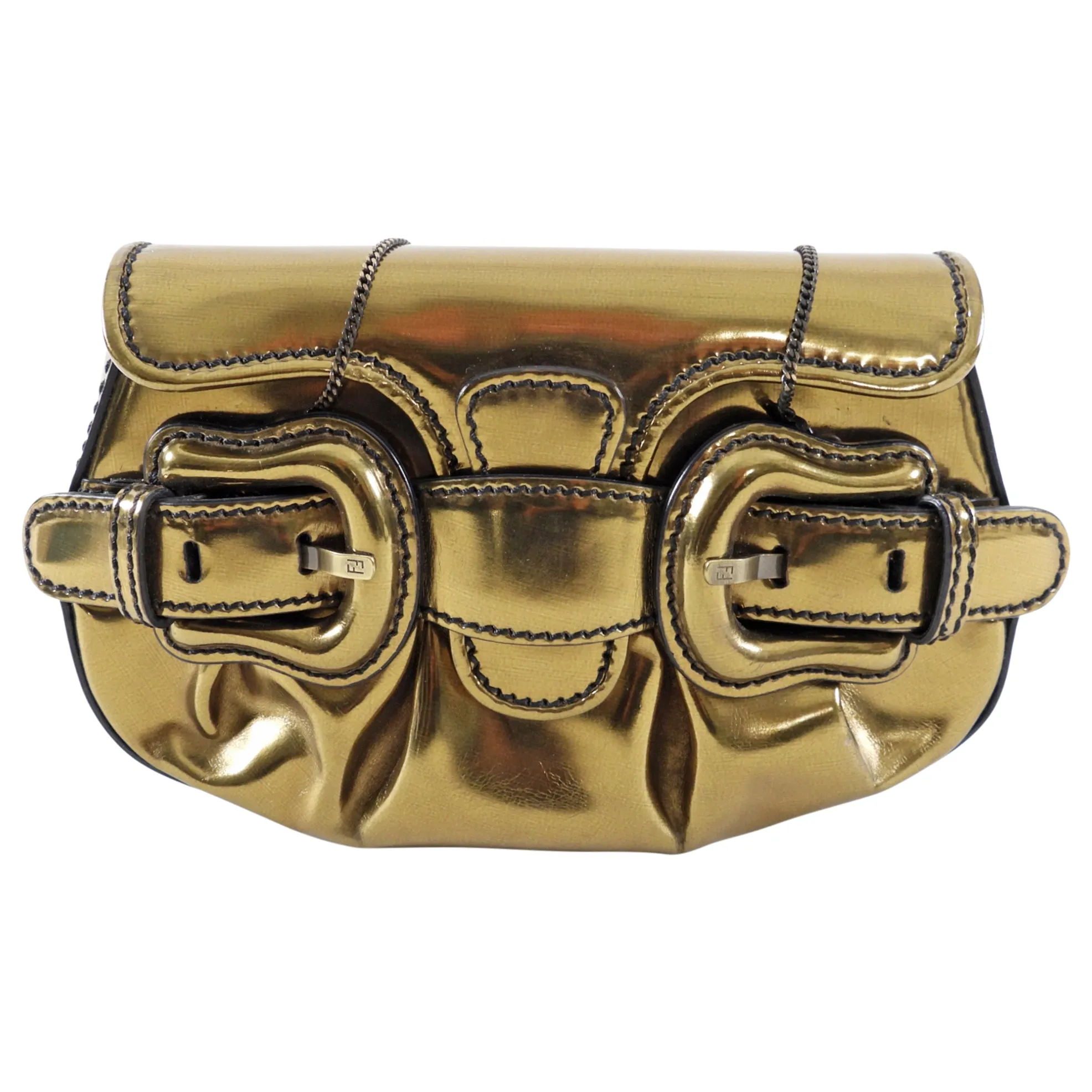 Fendi Bronze Leather Mini B Bis Bag with Chain Straps