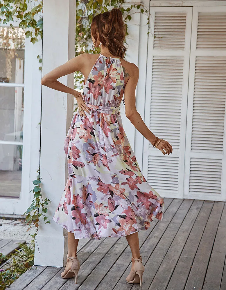 Floral Print Halter Backless Belted Asymmetrical A Line Dresses