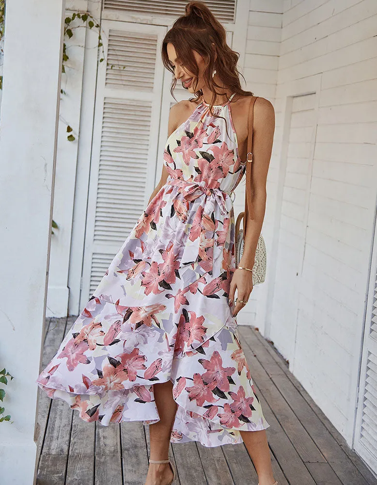 Floral Print Halter Backless Belted Asymmetrical A Line Dresses