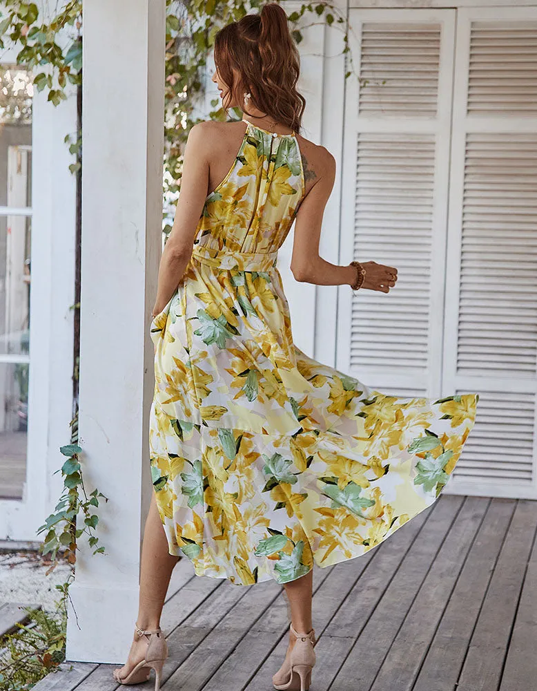 Floral Print Halter Backless Belted Asymmetrical A Line Dresses