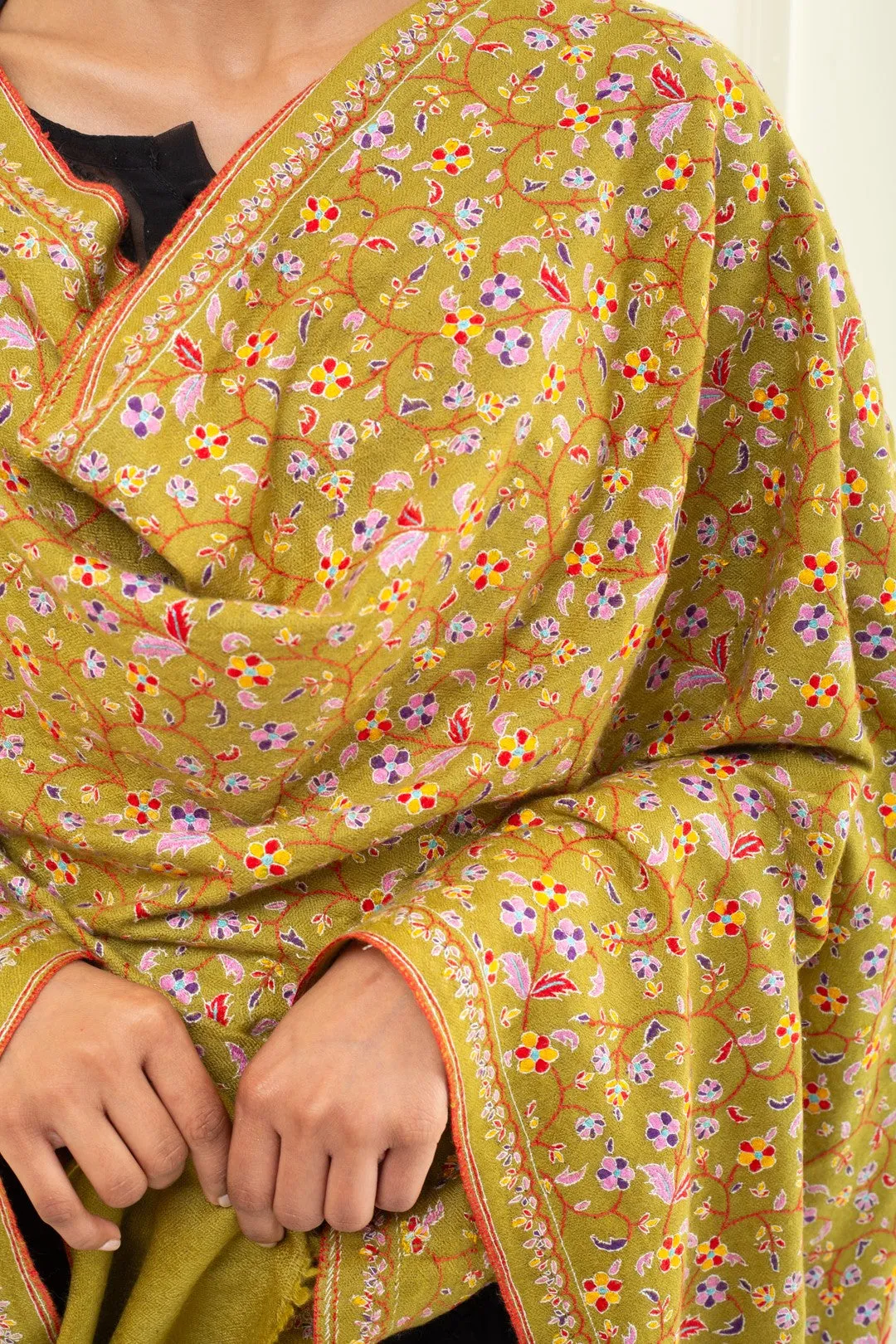 Floralia Raw Umber Jama Sozni Embroidered Pashmina Shawl