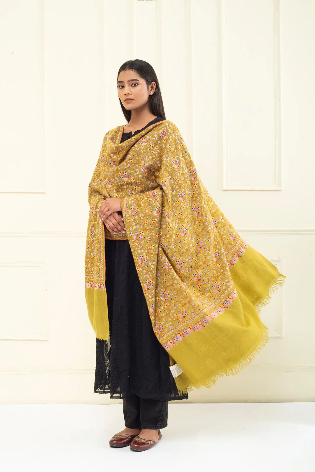 Floralia Raw Umber Jama Sozni Embroidered Pashmina Shawl