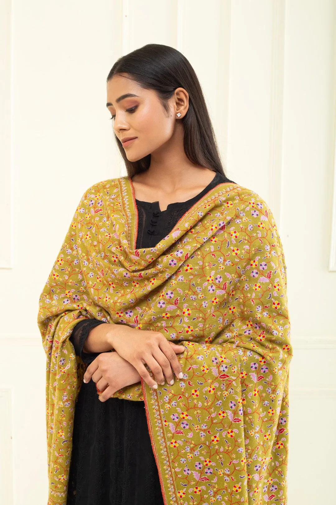 Floralia Raw Umber Jama Sozni Embroidered Pashmina Shawl