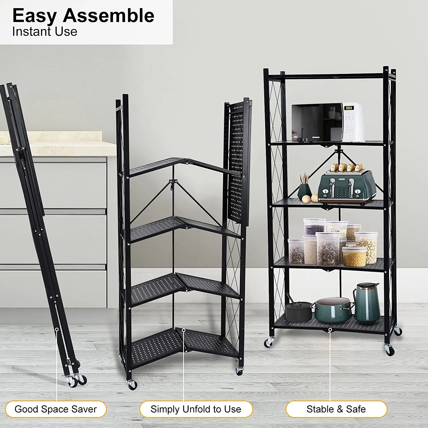 Foldable 5 Tier Kitchen Trolley Shelving Unit with Wheels
