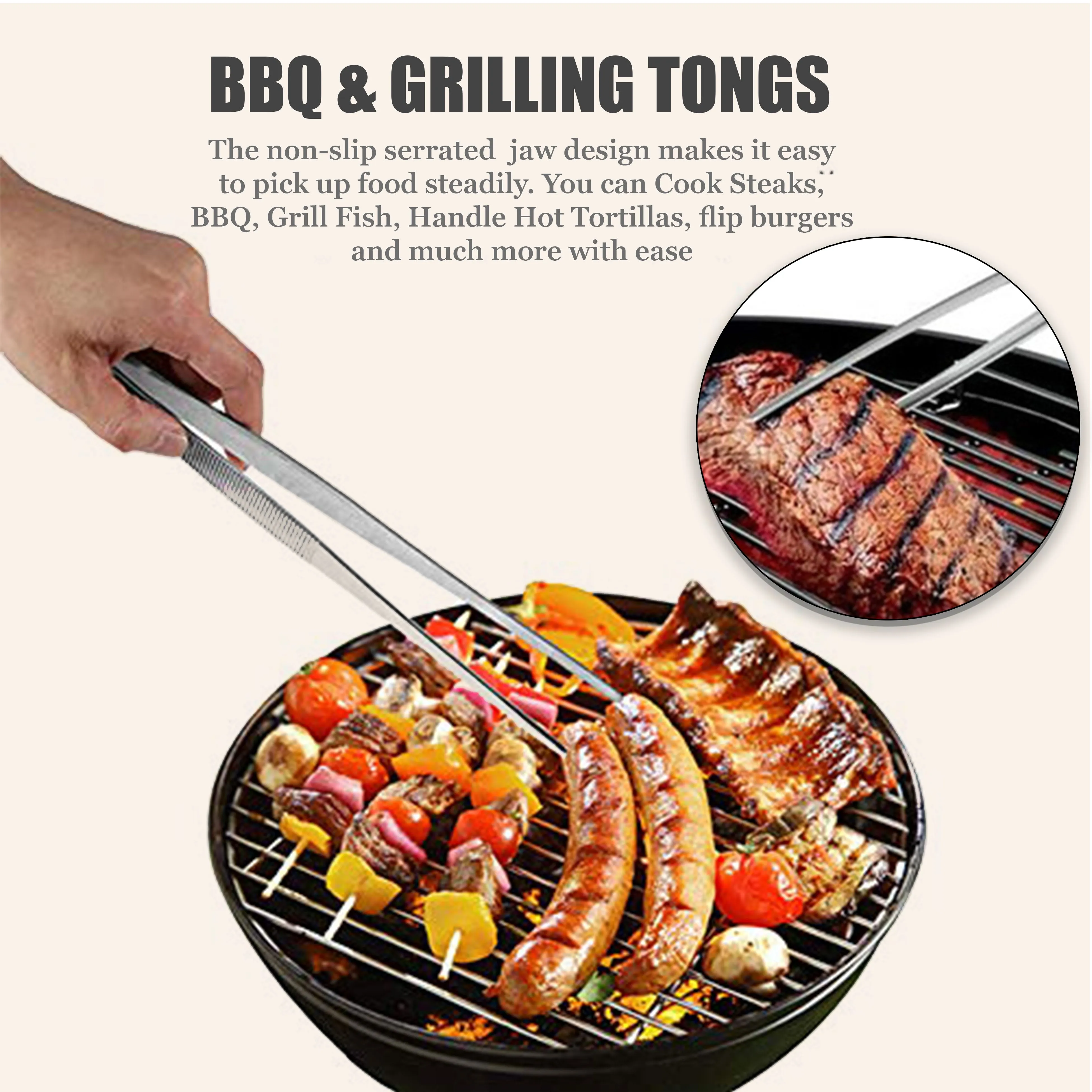 Food Tweezers Stainless Steel Straight Serrated Tips 14" Large Tongs for Cooking Grilling BBQ   More