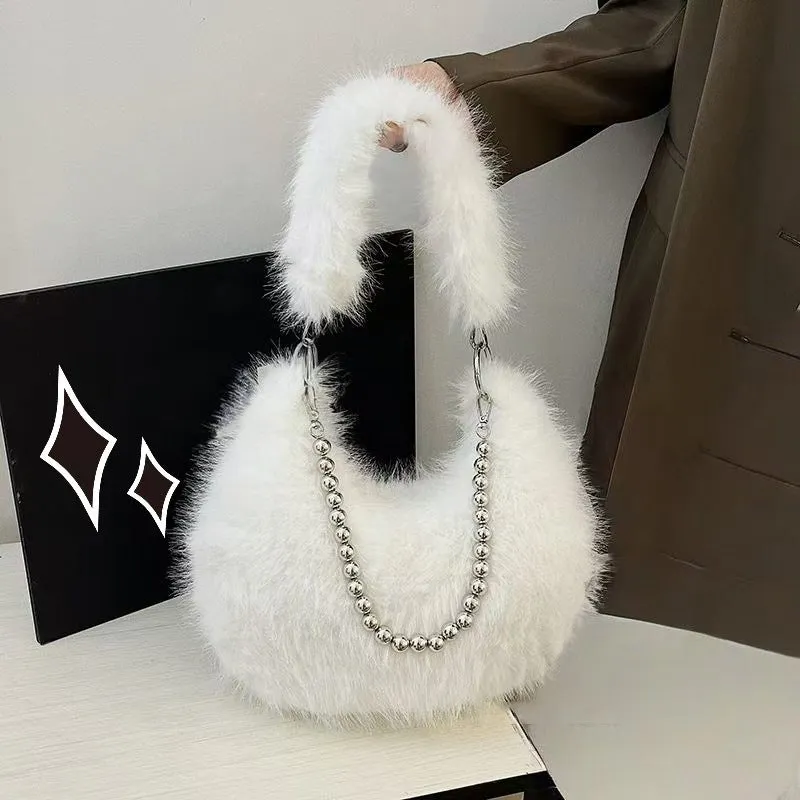 Furry Fox Fur Pearl Chain Shoulder Handbag