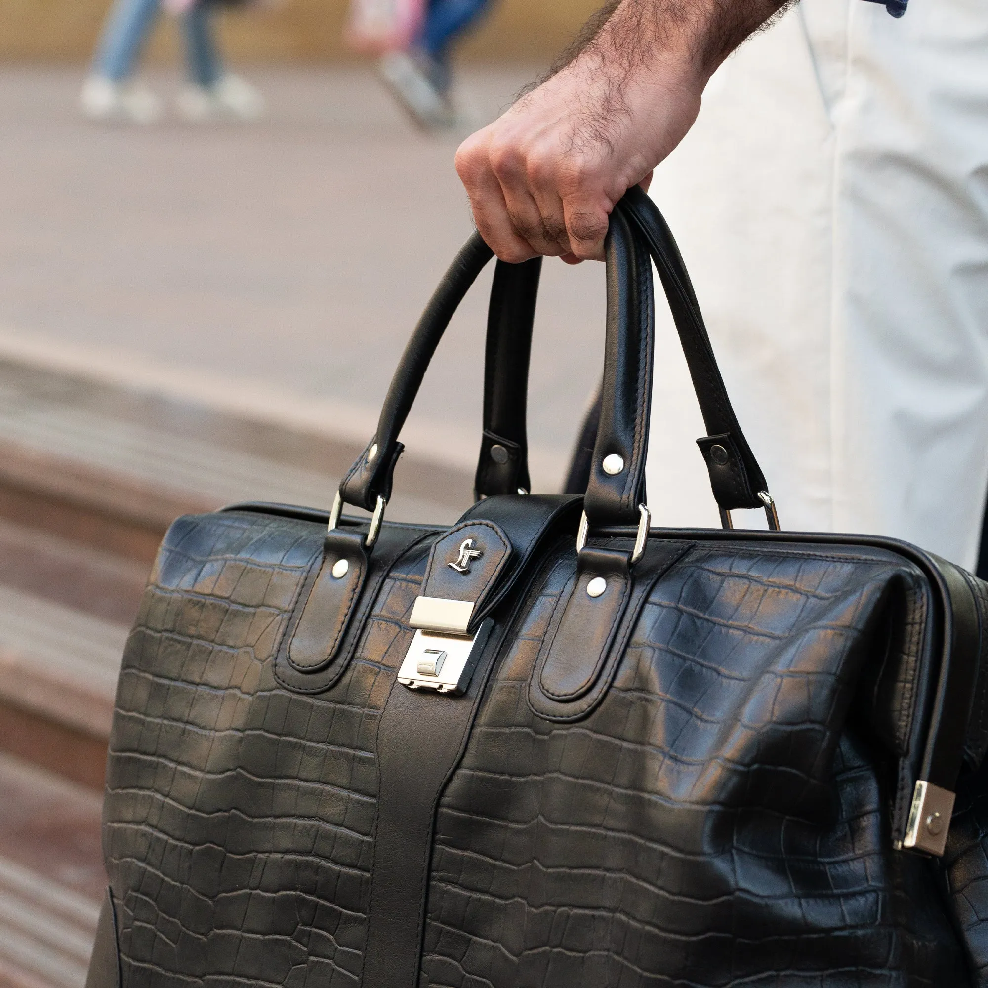 Georgia Collection - Italian Classics 97 Travel Bag | Leather Duffle Bag For Men | Croco Embossed Genuine Leather | Colour : Black