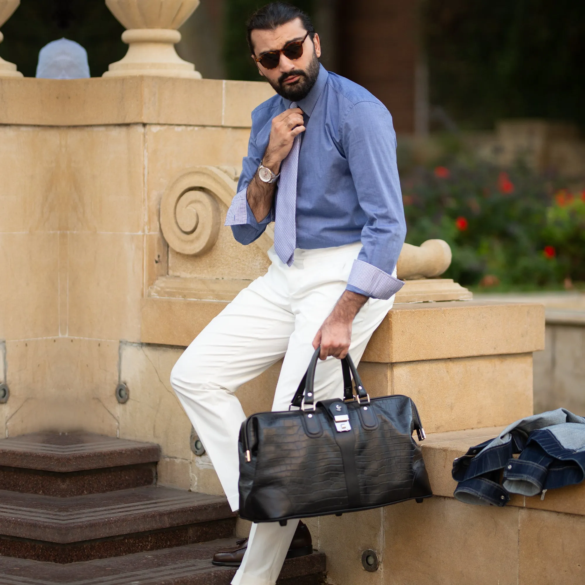 Georgia Collection - Italian Classics 97 Travel Bag | Leather Duffle Bag For Men | Croco Embossed Genuine Leather | Colour : Black