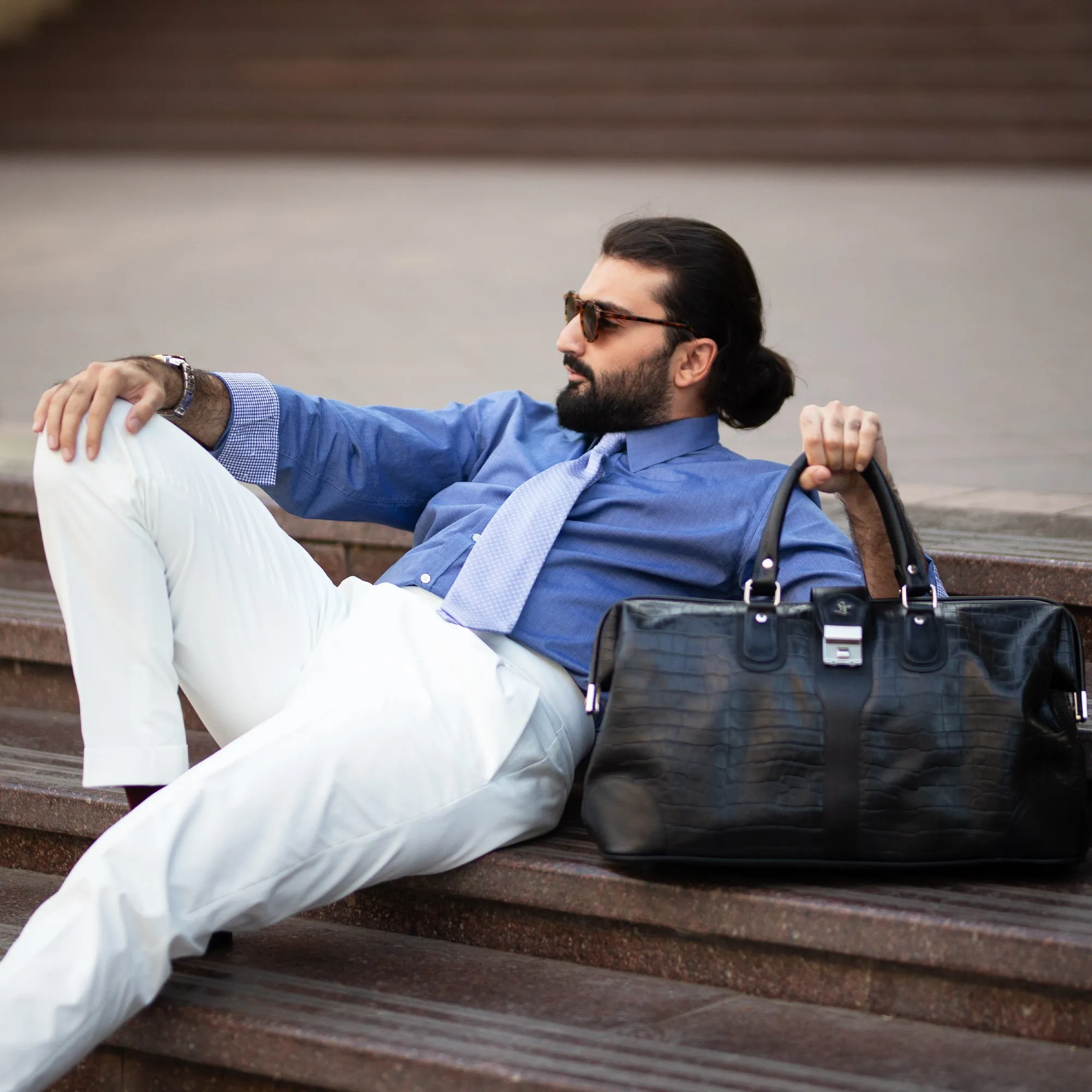 Georgia Collection - Italian Classics 97 Travel Bag | Leather Duffle Bag For Men | Croco Embossed Genuine Leather | Colour : Black