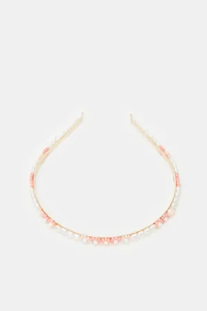 Girls Pink And White Floral Pearls Headband