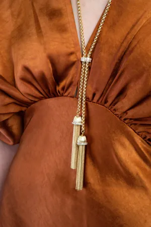 Gold Lariat Necklace with Rhinestone Accents