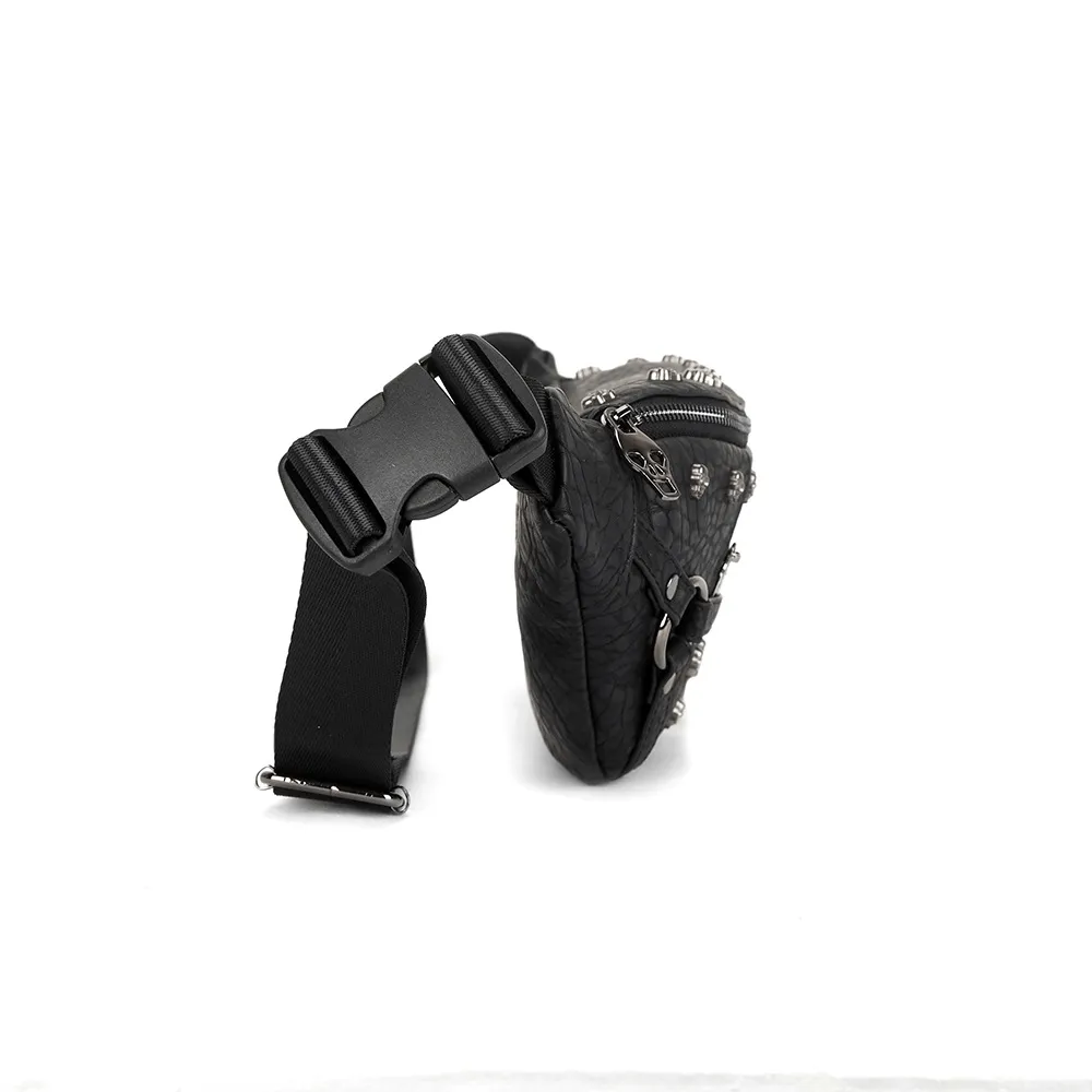 Gothic Waist Bag With Metal Skulls / Fashion Small Bag With Adjustable Strap