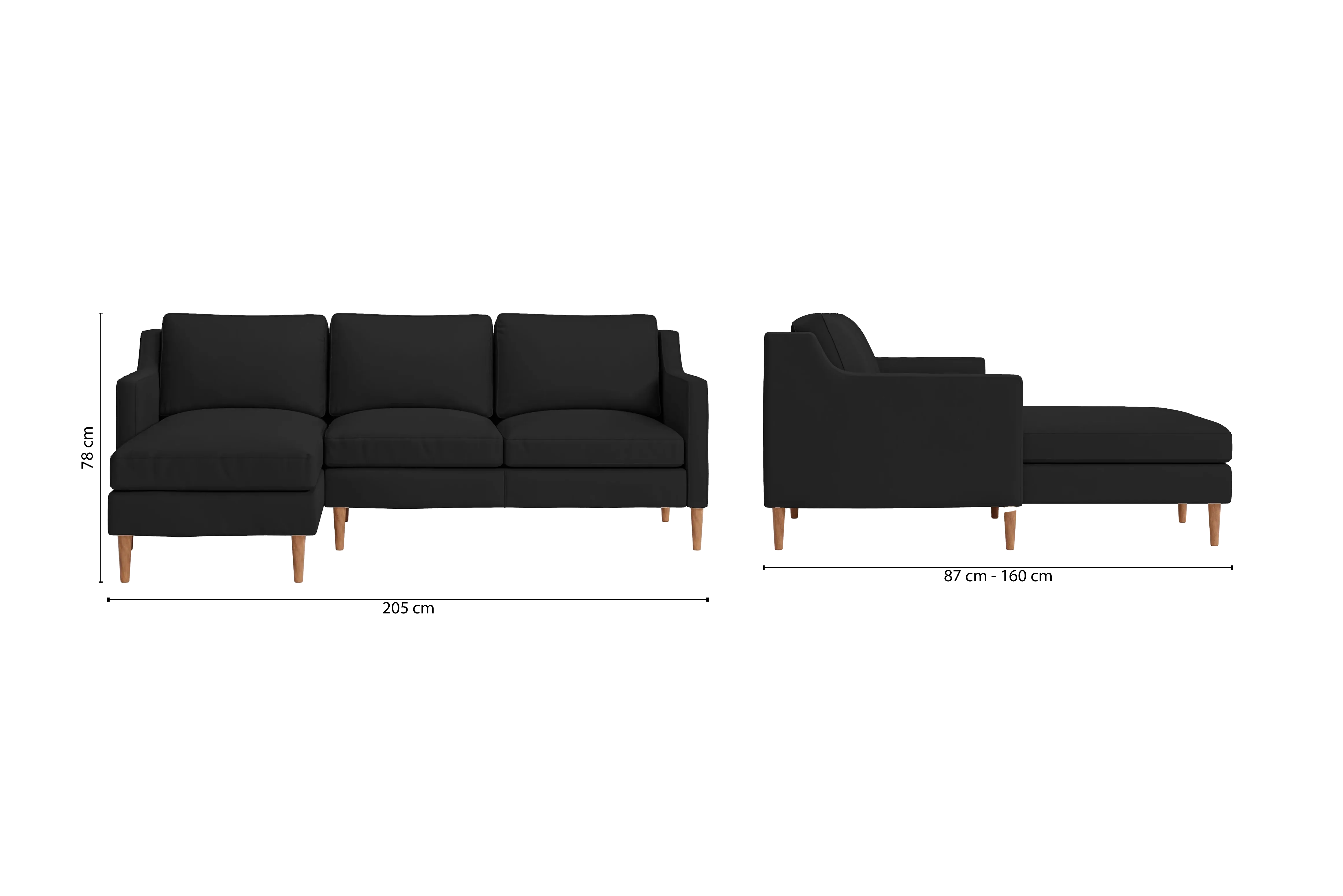 Greco 3 Seater Left Hand Facing Chaise Lounge Corner Sofa Black Leather