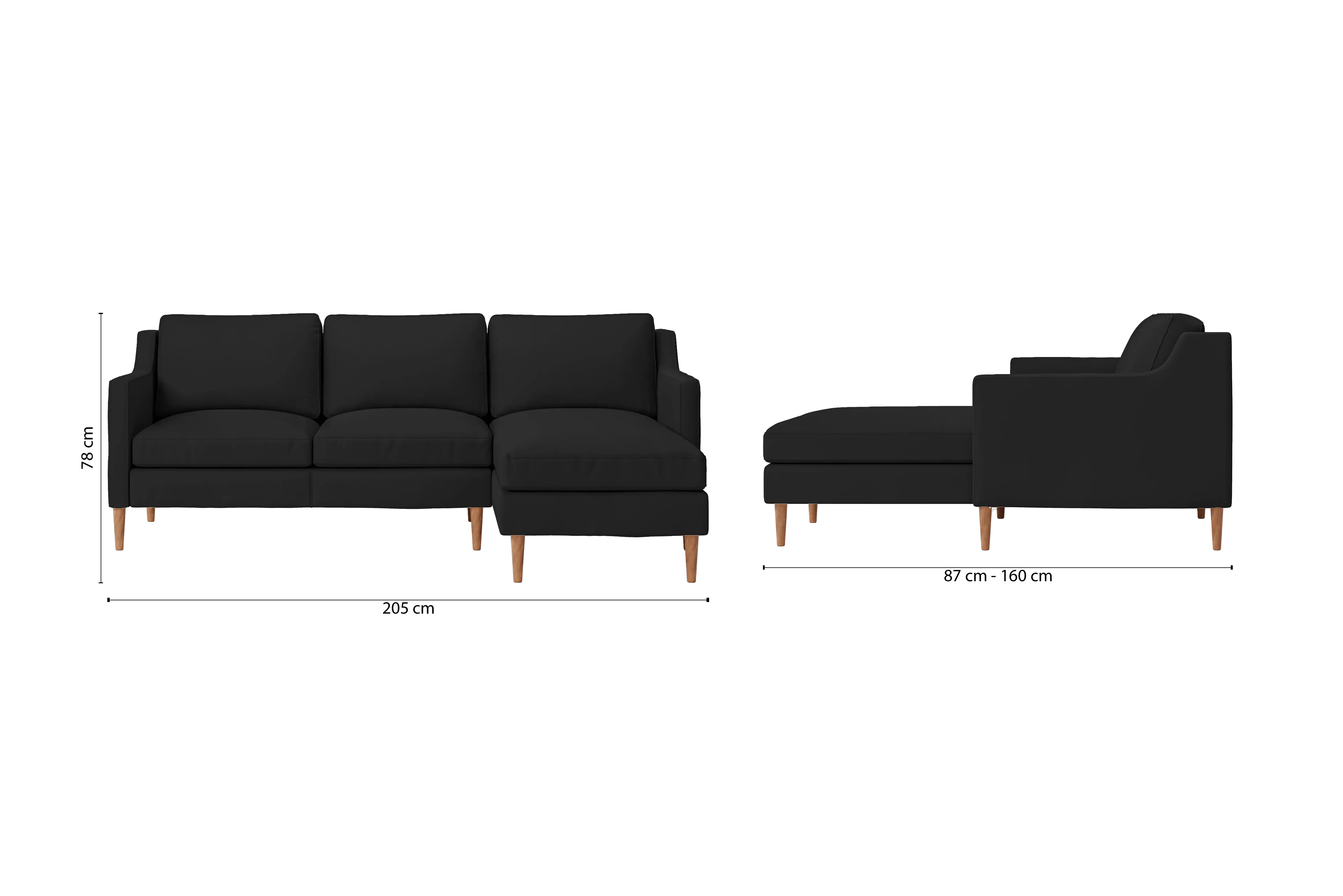 Greco 3 Seater Right Hand Facing Chaise Lounge Corner Sofa Black Leather