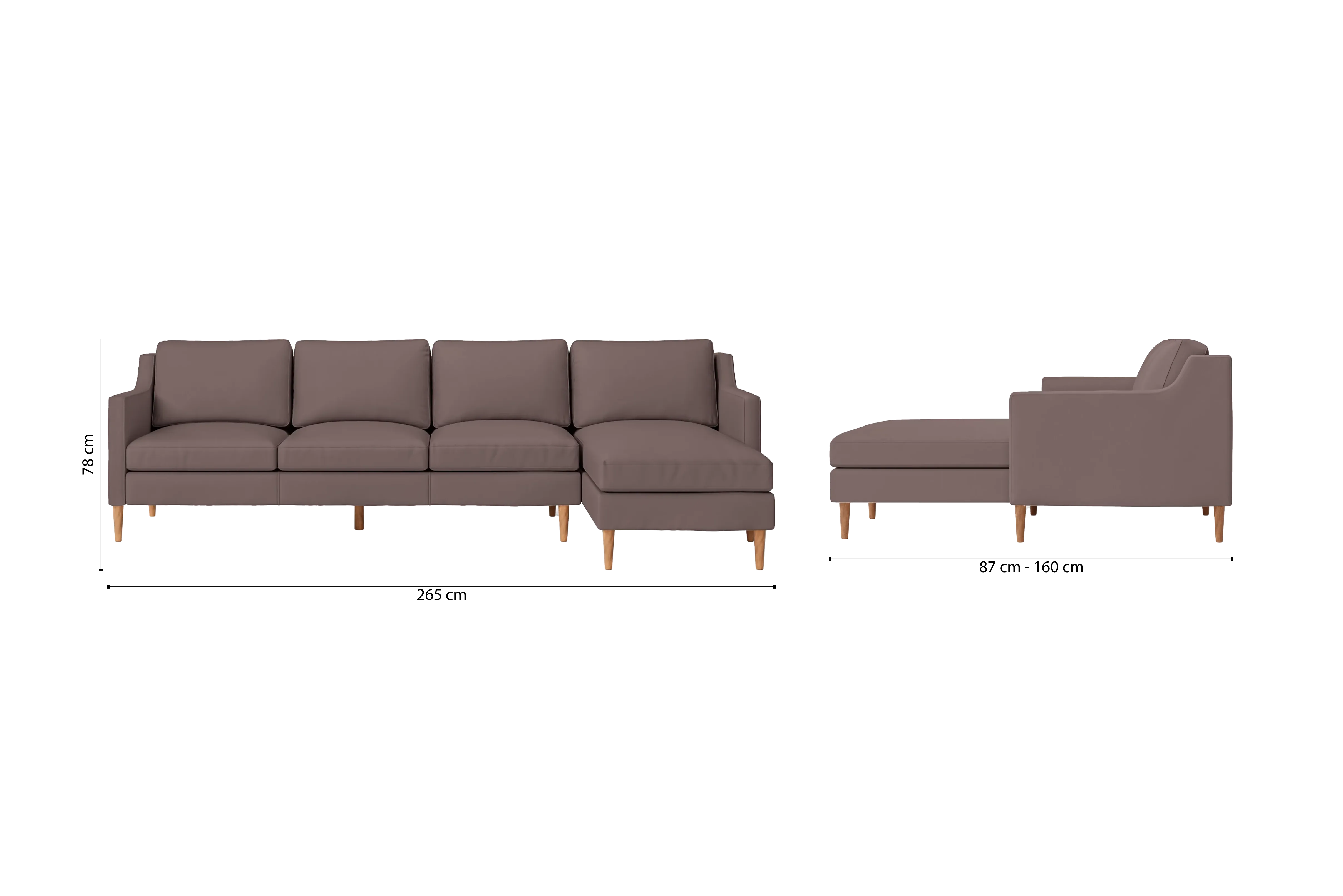 Greco 4 Seater Right Hand Facing Chaise Lounge Corner Sofa Rose Taupe Leather