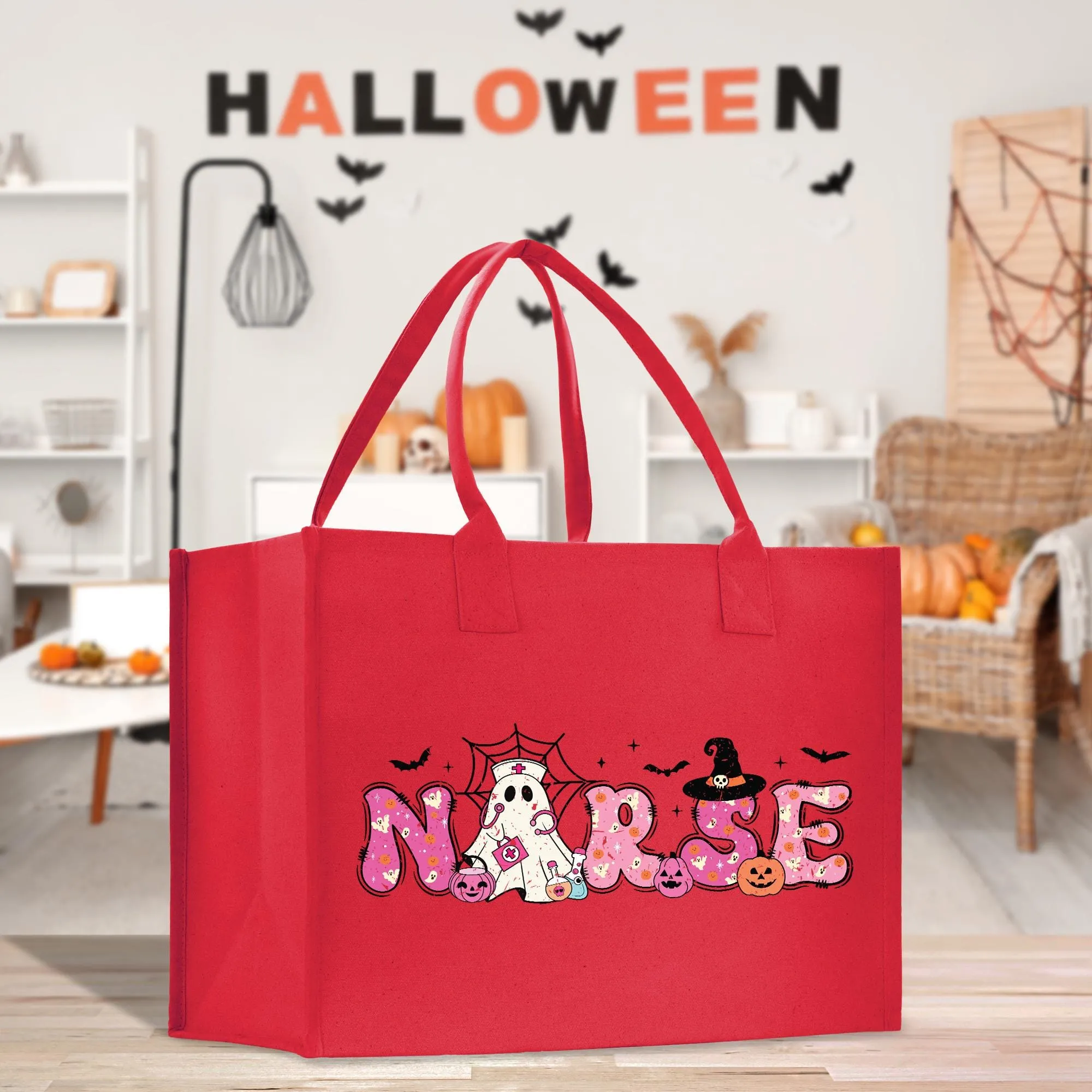 Halloween Trick or Treat Tote Bag Halloween Bag for Kids Halloween Gift Halloween Candy Bag Halloween Doodles Cute Canvas Tote Bag (HW1030)