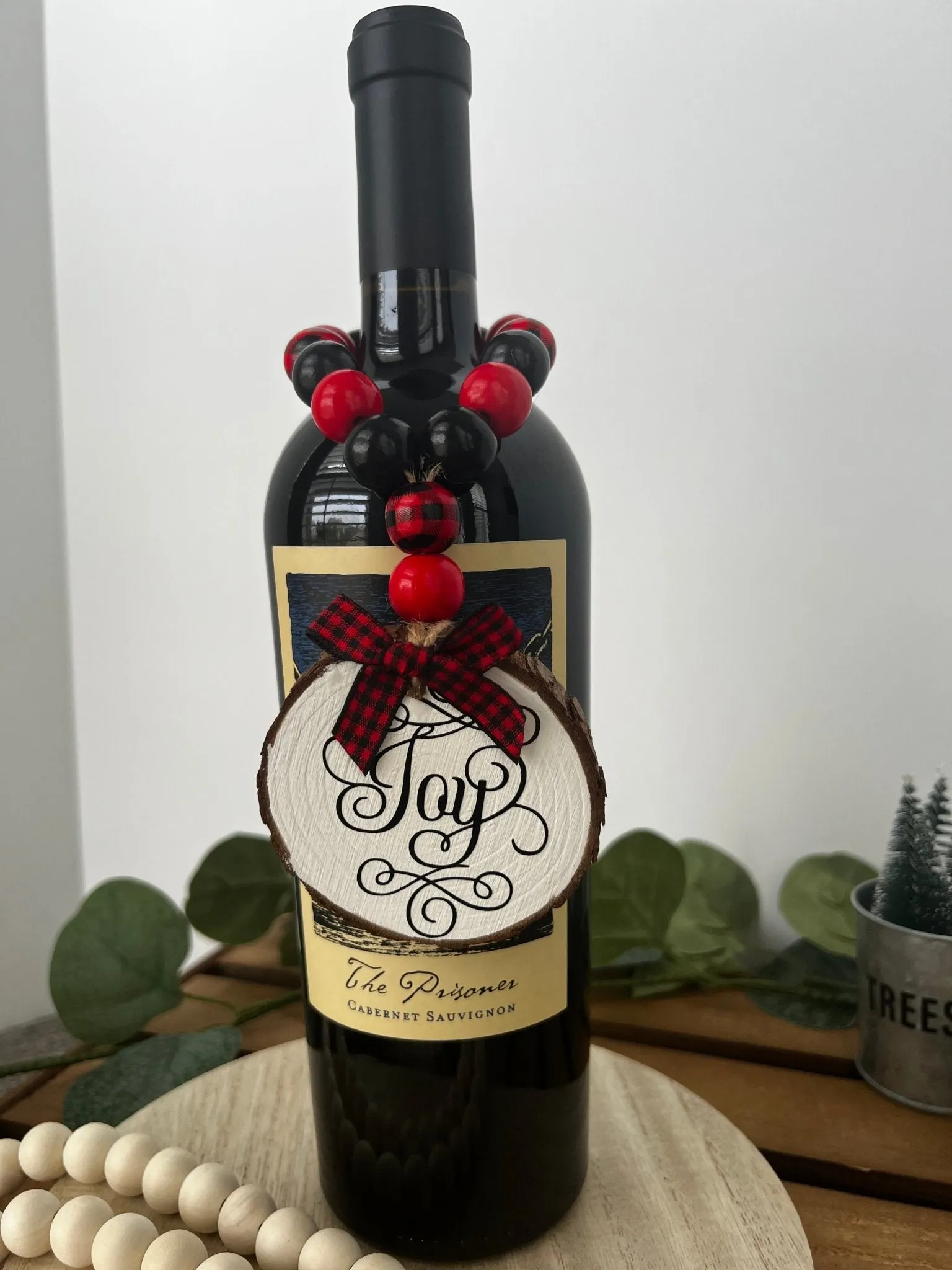 Handcrafted Wine Bottle Hang Tag with Wood Bead - Peace, Joy or Noel