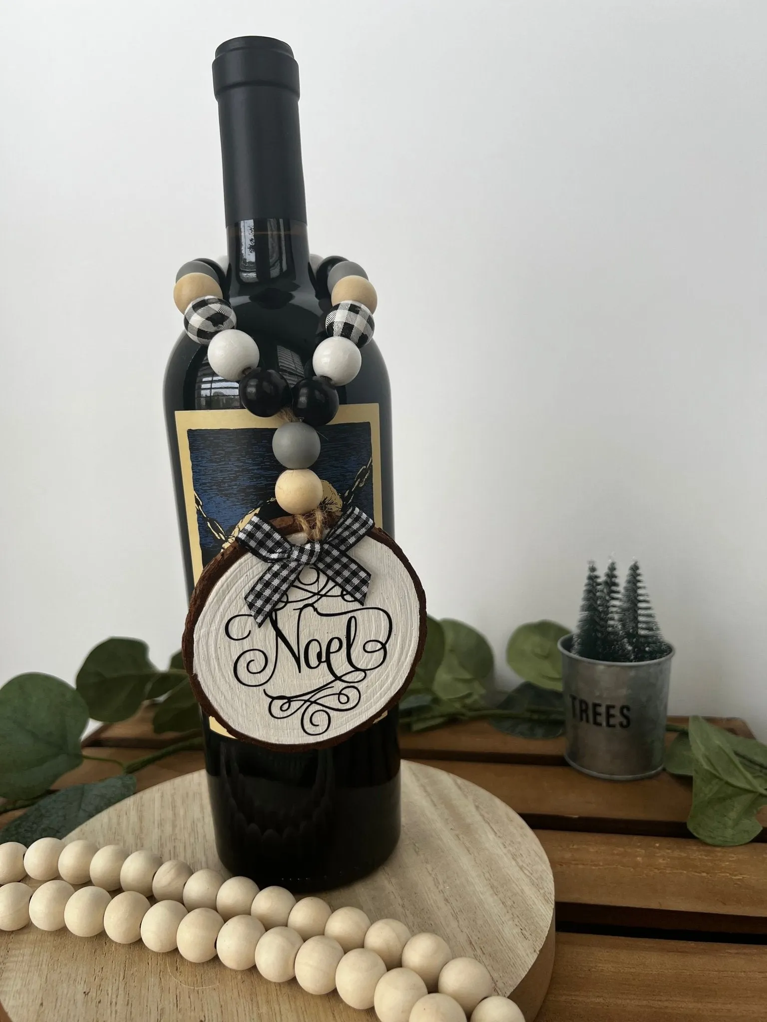 Handcrafted Wine Bottle Hang Tag with Wood Bead - Peace, Joy or Noel