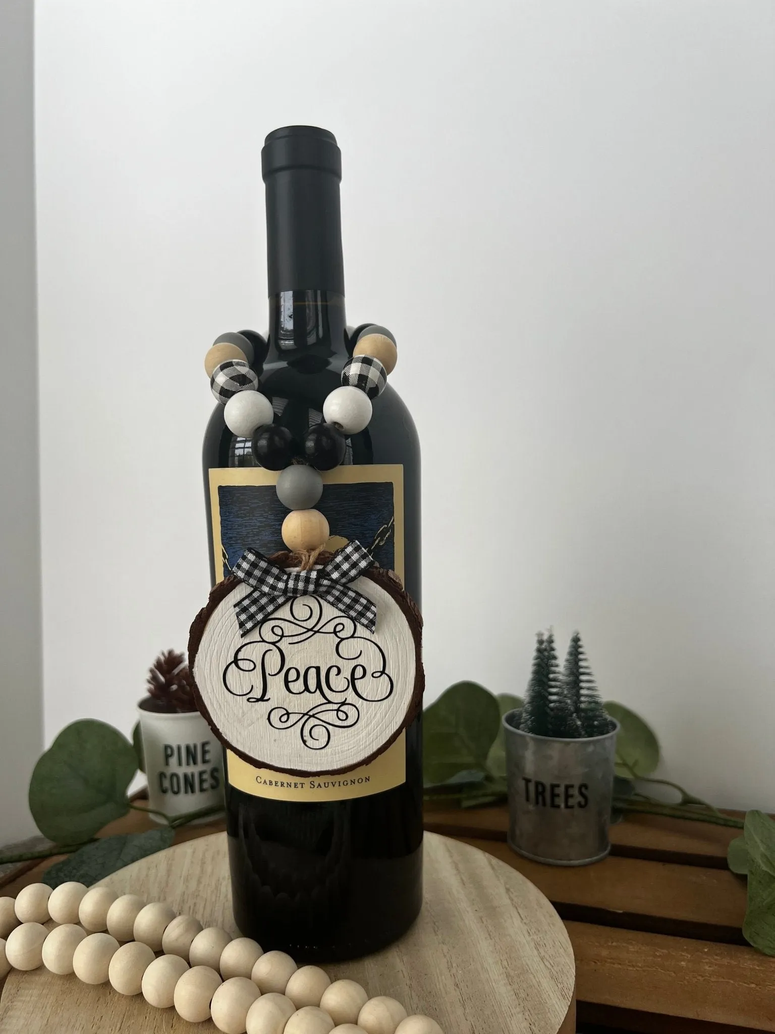 Handcrafted Wine Bottle Hang Tag with Wood Bead - Peace, Joy or Noel