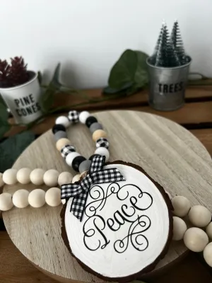 Handcrafted Wine Bottle Hang Tag with Wood Bead - Peace, Joy or Noel