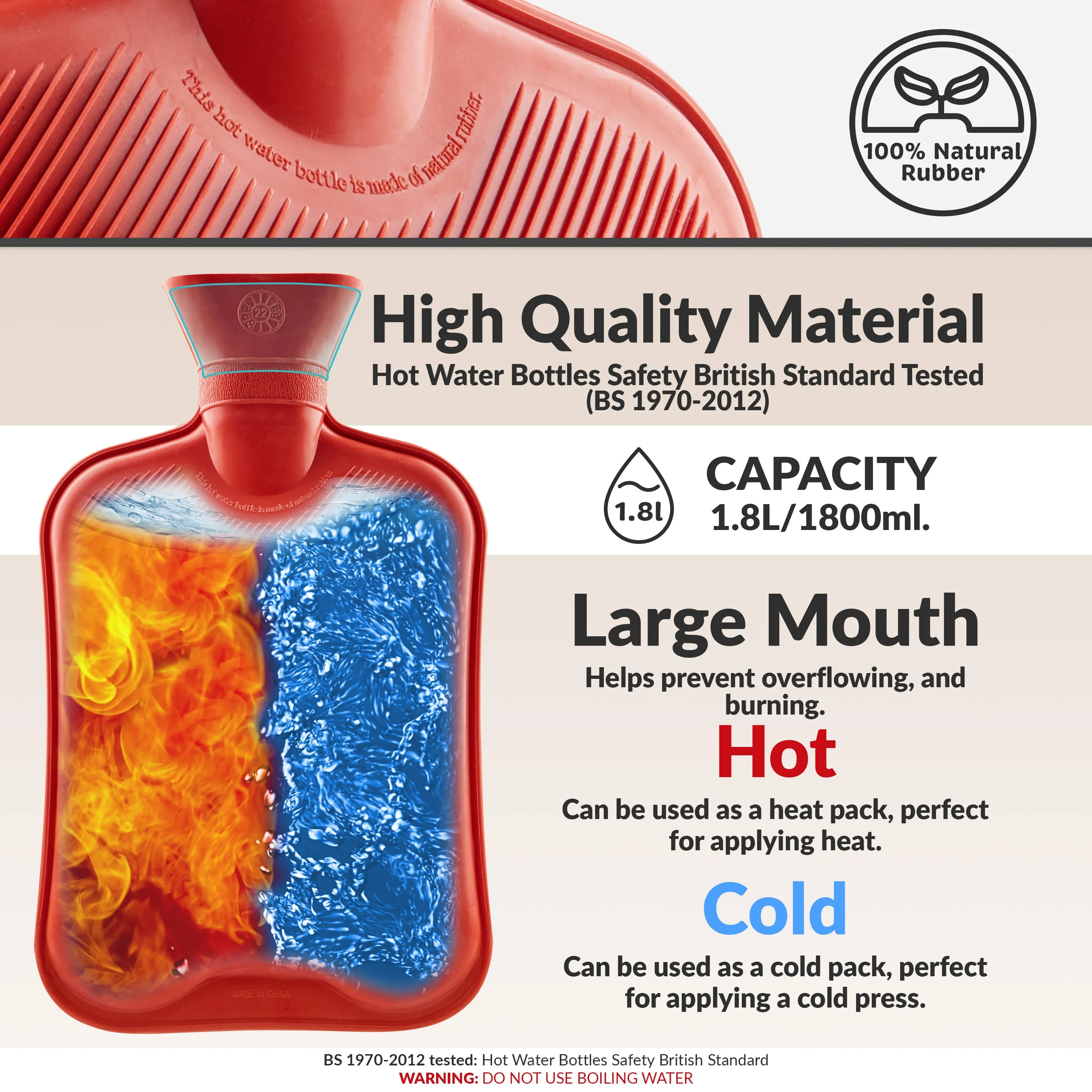 Hot Water Bottle Large 1.8L Rubber Hot Water Bottle - Red