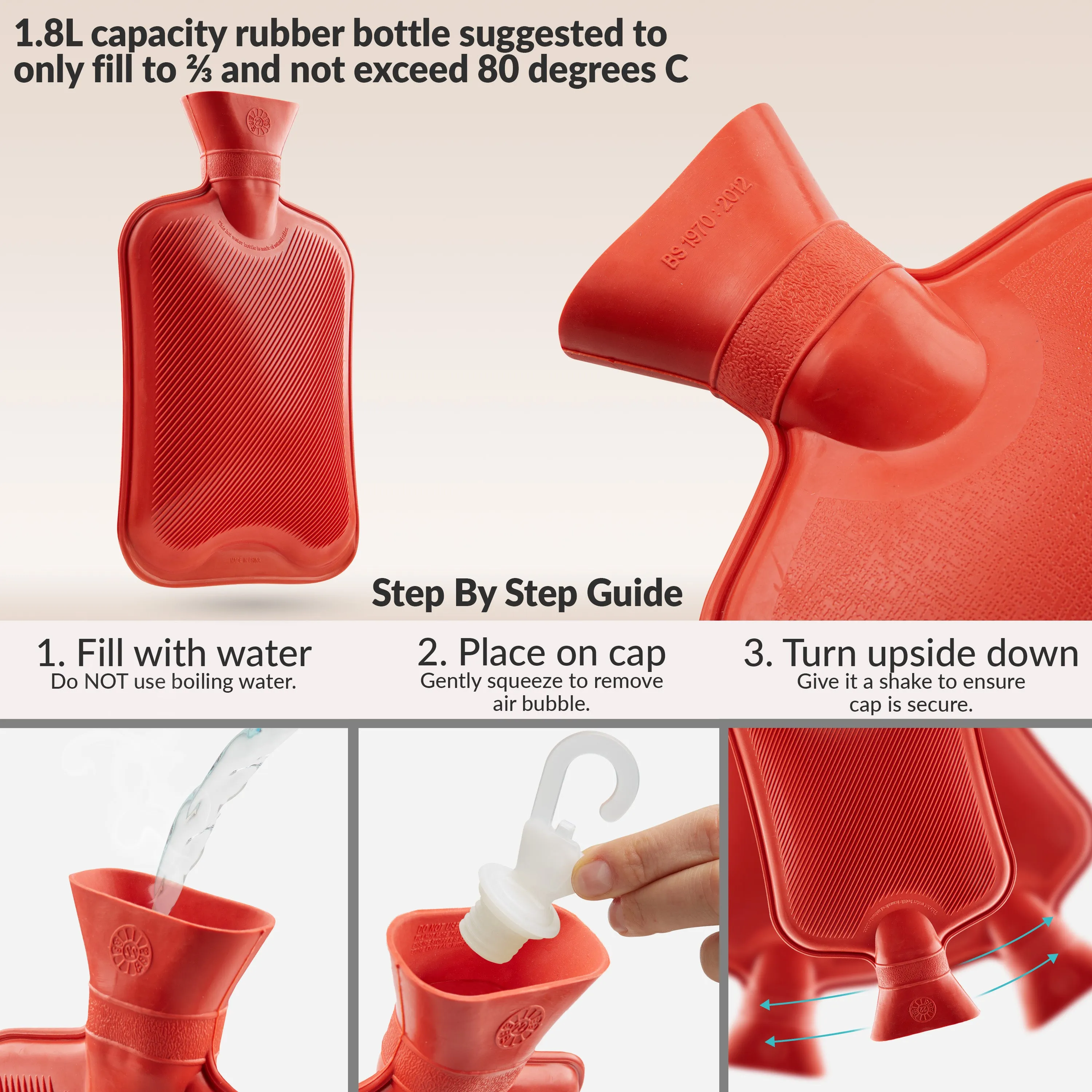 Hot Water Bottle Large 1.8L Rubber Hot Water Bottle - Red
