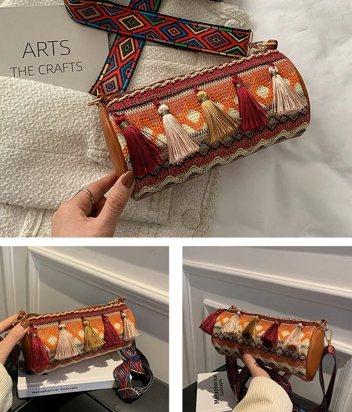 JCBA33003 Ethnic Embroidered Round Barrel Bag with Tassel Details
