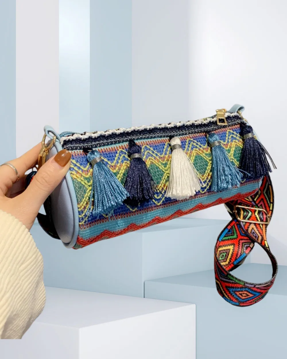 JCBA33003 Ethnic Embroidered Round Barrel Bag with Tassel Details