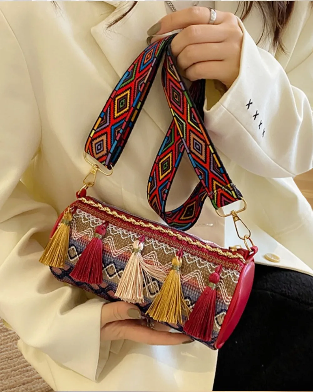 JCBA33003 Ethnic Embroidered Round Barrel Bag with Tassel Details