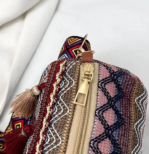 JCBA33003 Ethnic Embroidered Round Barrel Bag with Tassel Details