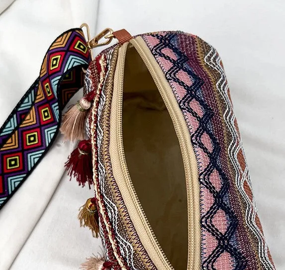 JCBA33003 Ethnic Embroidered Round Barrel Bag with Tassel Details