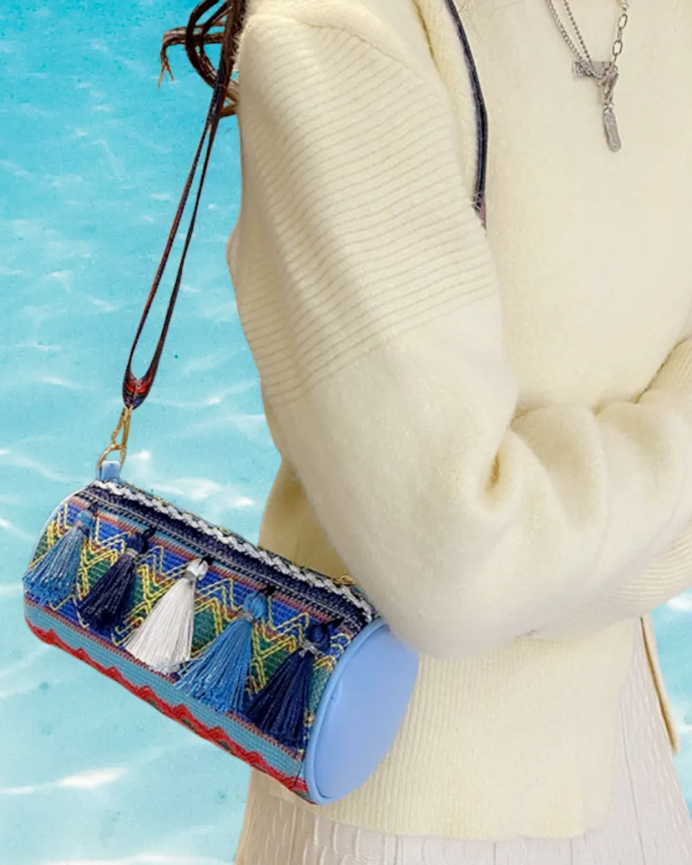 JCBA33003 Ethnic Embroidered Round Barrel Bag with Tassel Details