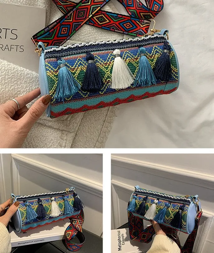 JCBA33003 Ethnic Embroidered Round Barrel Bag with Tassel Details