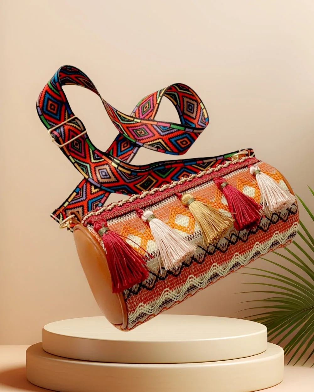 JCBA33003 Ethnic Embroidered Round Barrel Bag with Tassel Details