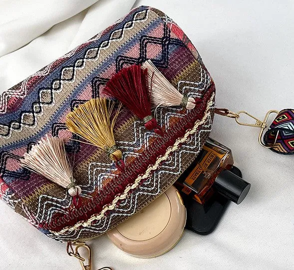 JCBA33003 Ethnic Embroidered Round Barrel Bag with Tassel Details