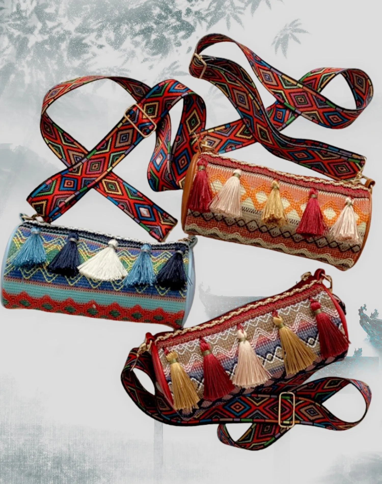 JCBA33003 Ethnic Embroidered Round Barrel Bag with Tassel Details